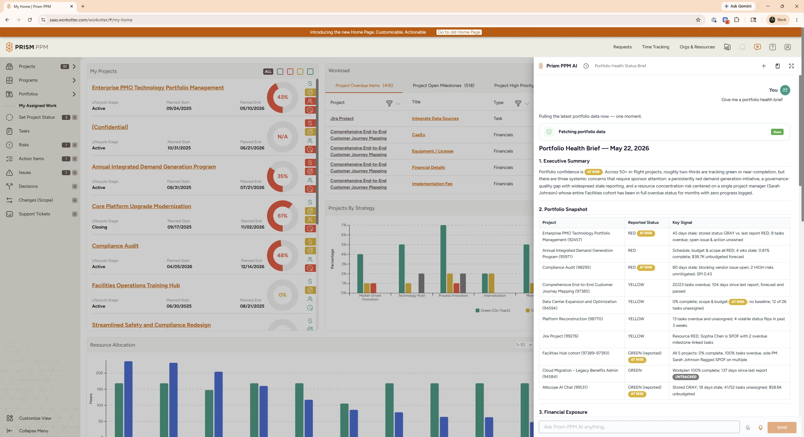 An image of a portfolio health report generated by Prism PPM AI Chat