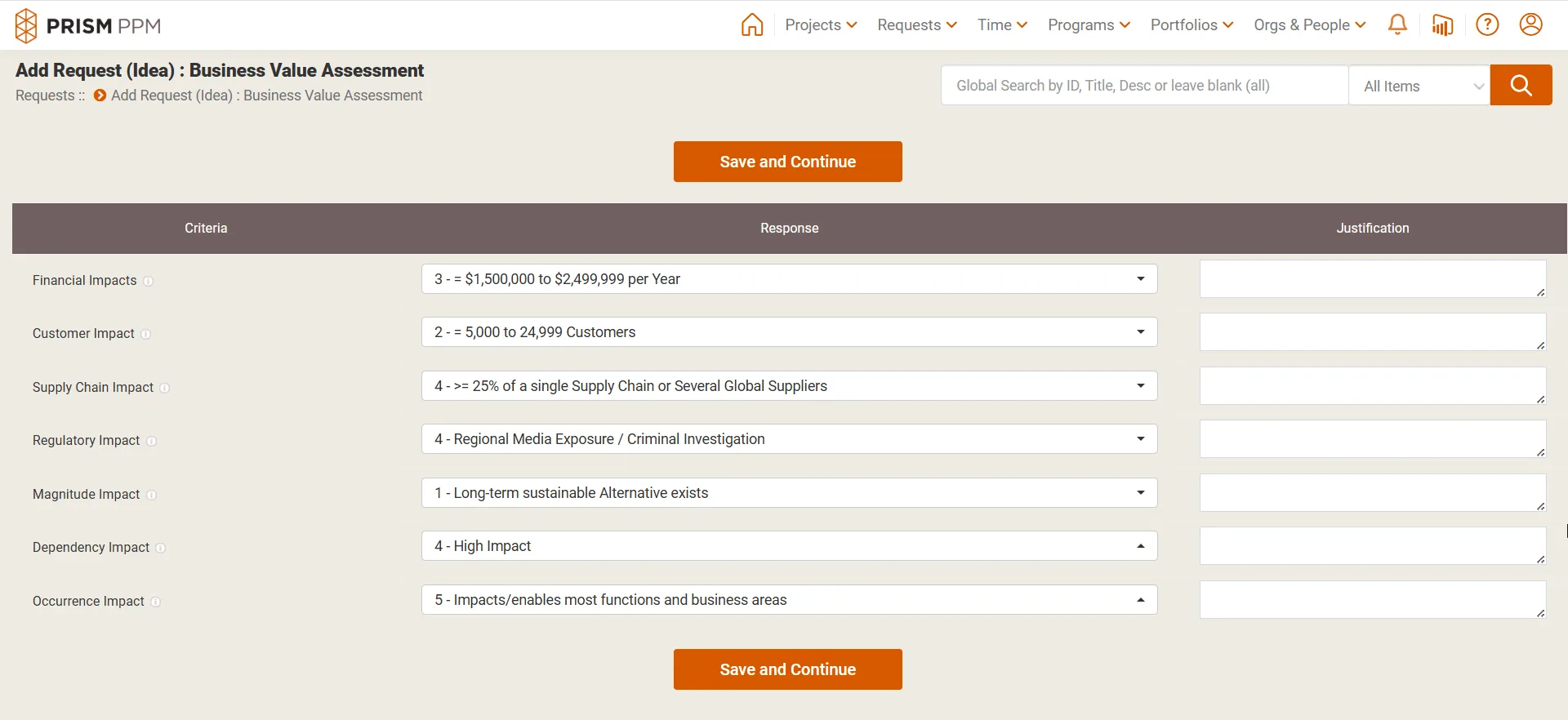 Prism PPM Add Project Requests