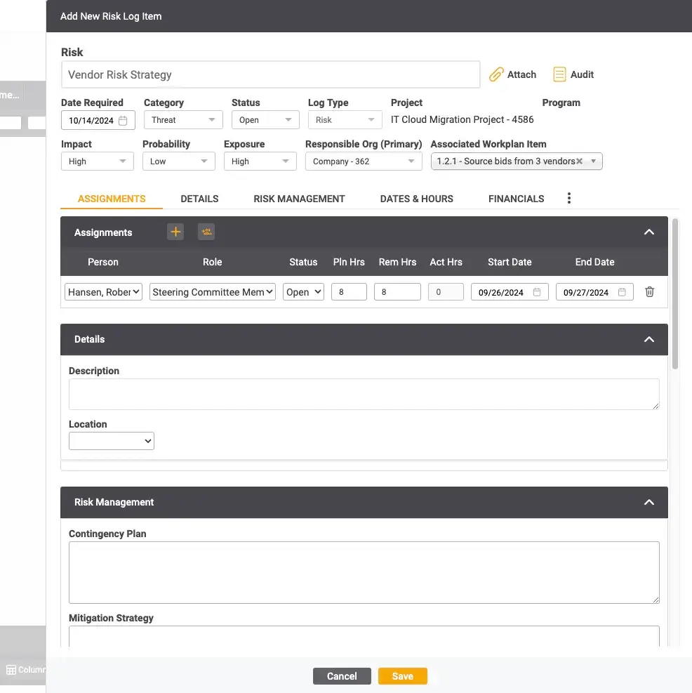 a screenshot of WorkOtter's platform for adding a new risk log item